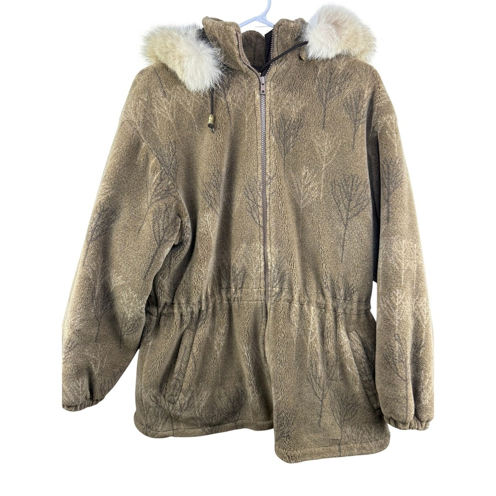 Vintage Northern Sun Womens Fleece Parka Jacket Fur Trim Hood Size M
